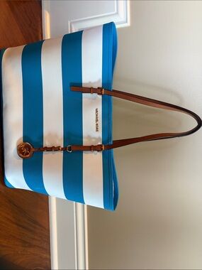 Michael Kors Teal and White Striped Tote with Brown Leather Straps